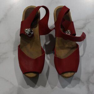 MIA Red Leather Peep Toe Wooden Clogs sz 39